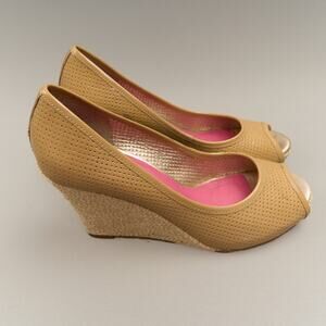 Lilly Pulitzer Patent Leather Peep-Toe Wedges Heels Womens 8.5 Tan